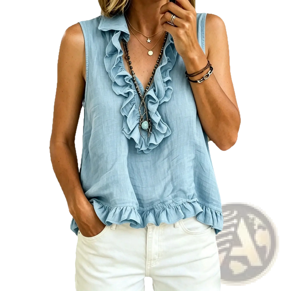 Light blue sleeveless ruffled v-neck tank top with ruffled neckline and hem for casual wear