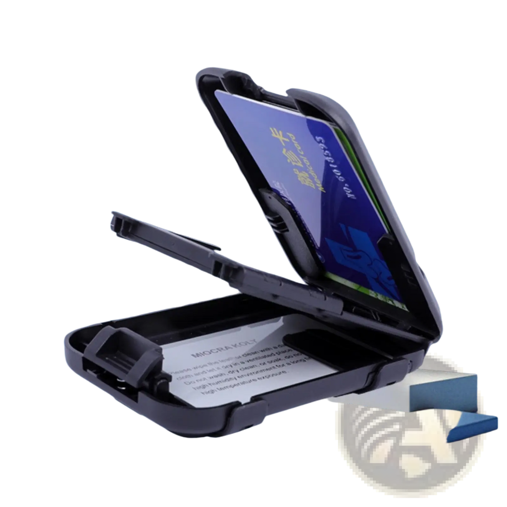 Black rugged aluminum rfid blocking travel case with hinged lid and built-in document holder