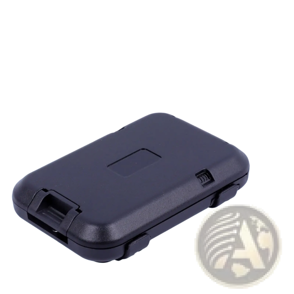Black plastic gps tracker with rugged rectangular design and reinforced corners shown with rugged aluminum rfid blocking travel case