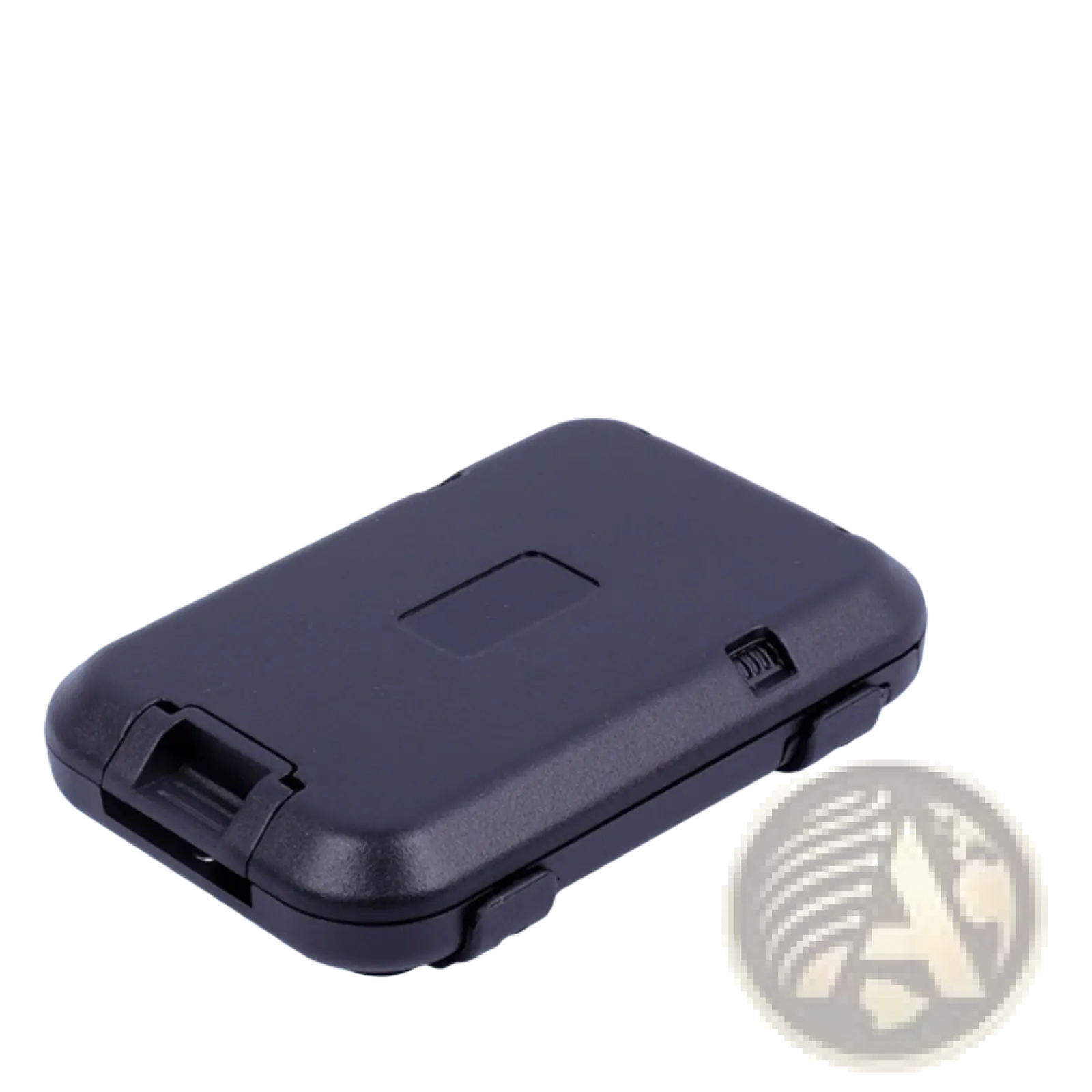 Black plastic gps tracker with rugged rectangular design and reinforced corners shown with rugged aluminum rfid blocking travel case
