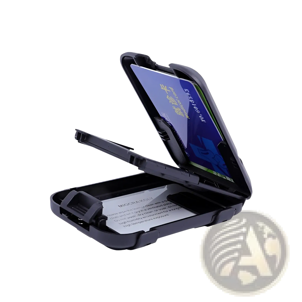 Black plastic card wallet with hinged lid and internal slots for the rugged aluminum RFID blocking travel case