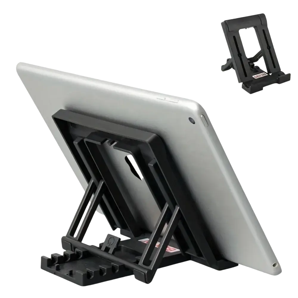 Black plastic rugged clip holder tablet stand holding a silver ipad featuring adjustable heavy duty design