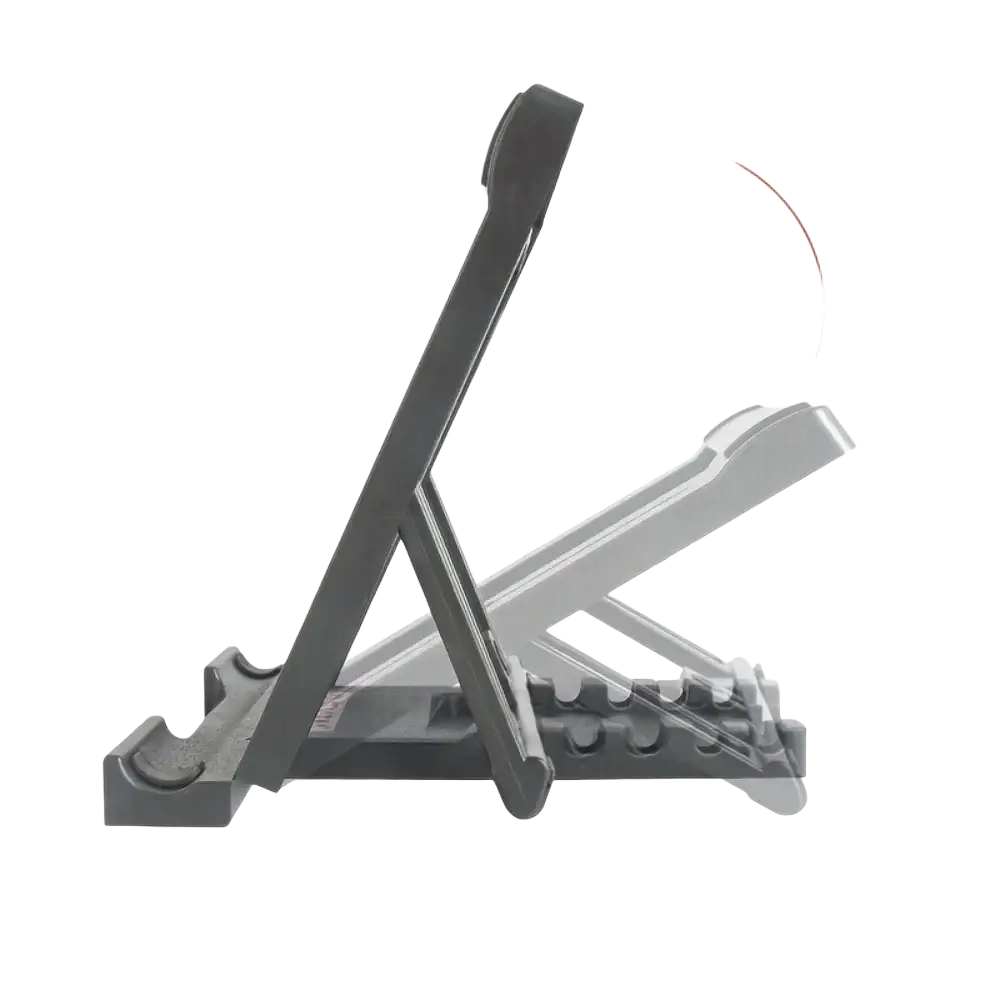 Black plastic rugged clip holder tablet stand with folding design and adjustable angled support for optimal viewing
