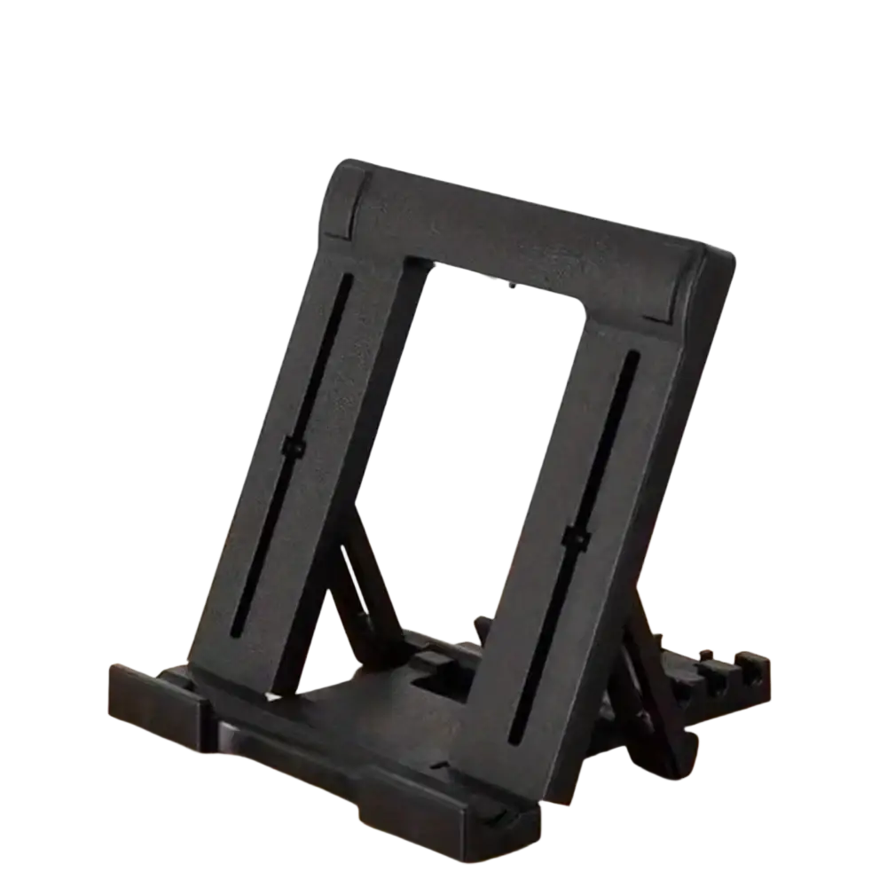 Black plastic foldable phone stand featuring 1pc heavy duty rugged clip holder for secure device support