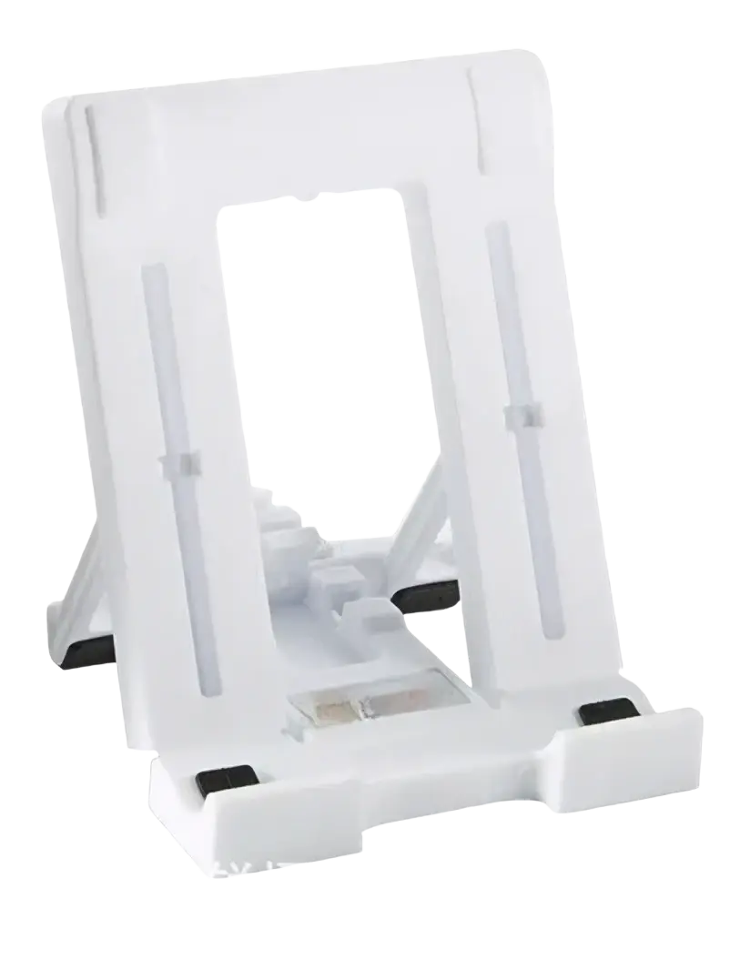White plastic rugged clip holder tablet stand with black rubber feet and adjustable support arms 1pc heavy duty