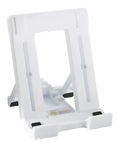 White plastic rugged clip holder tablet stand with black rubber feet and adjustable support arms 1pc heavy duty