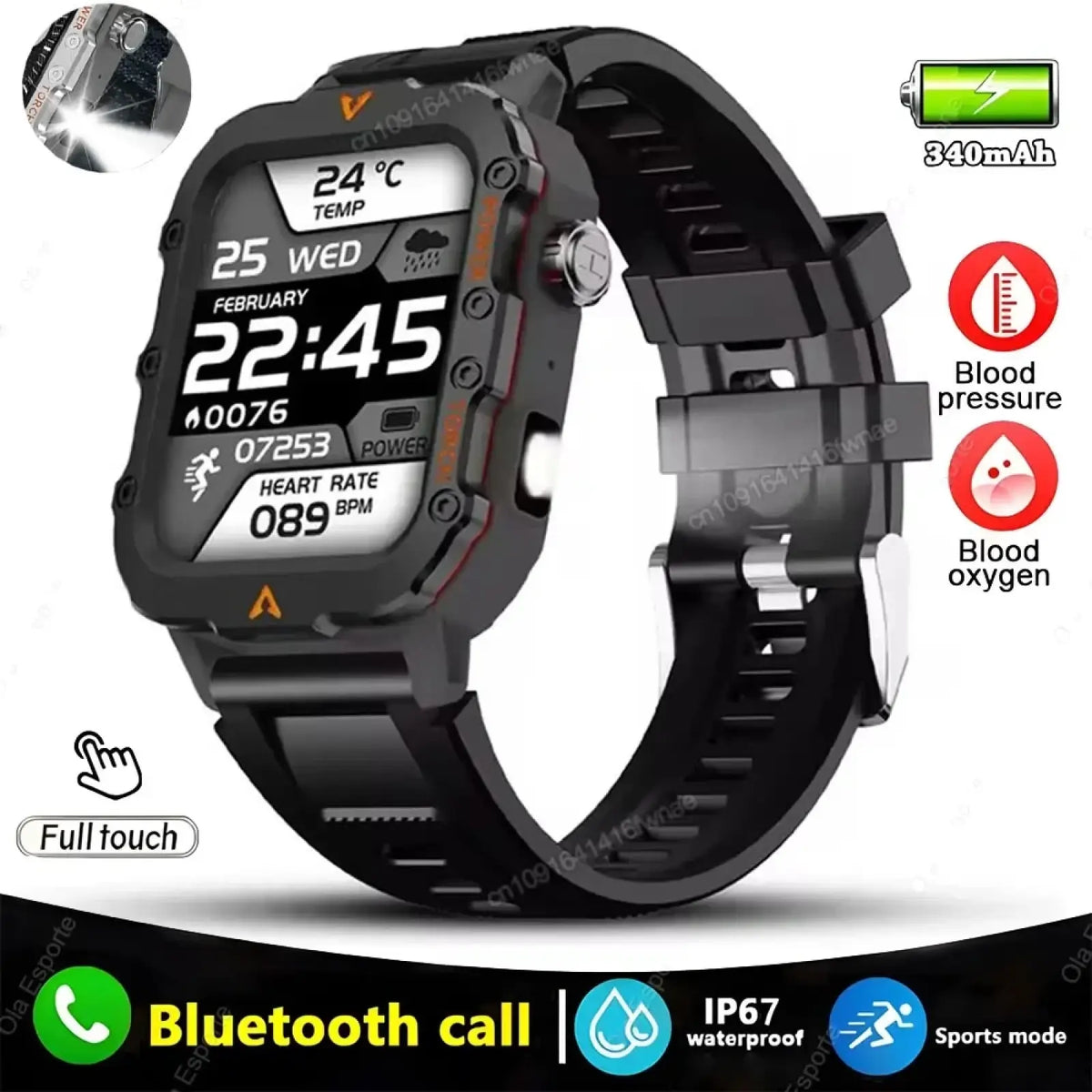 Black rugged gps smartwatch with rectangular screen and durable rubber strap for outdoor fitness tracking