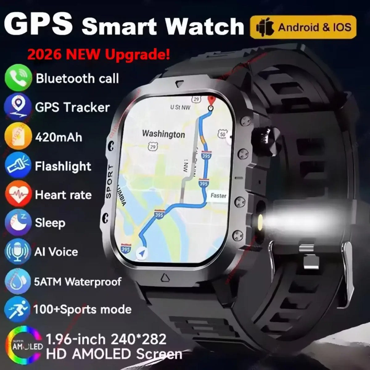 Black and silver rugged GPS smartwatch with a 1.96-inch AMOLED screen and red accent stitching for outdoor fitness tracking