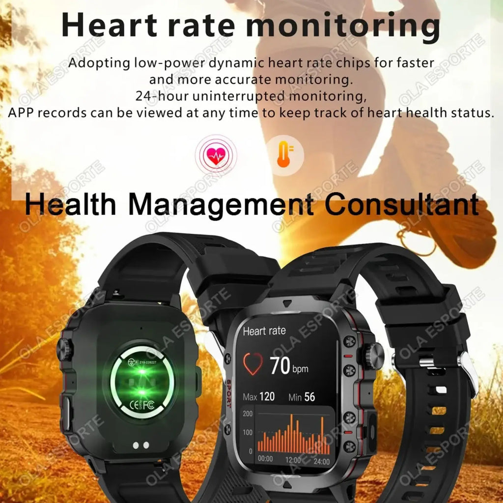 Black rugged gps smartwatch for men and women with digital heart rate display and green illuminated back sensor