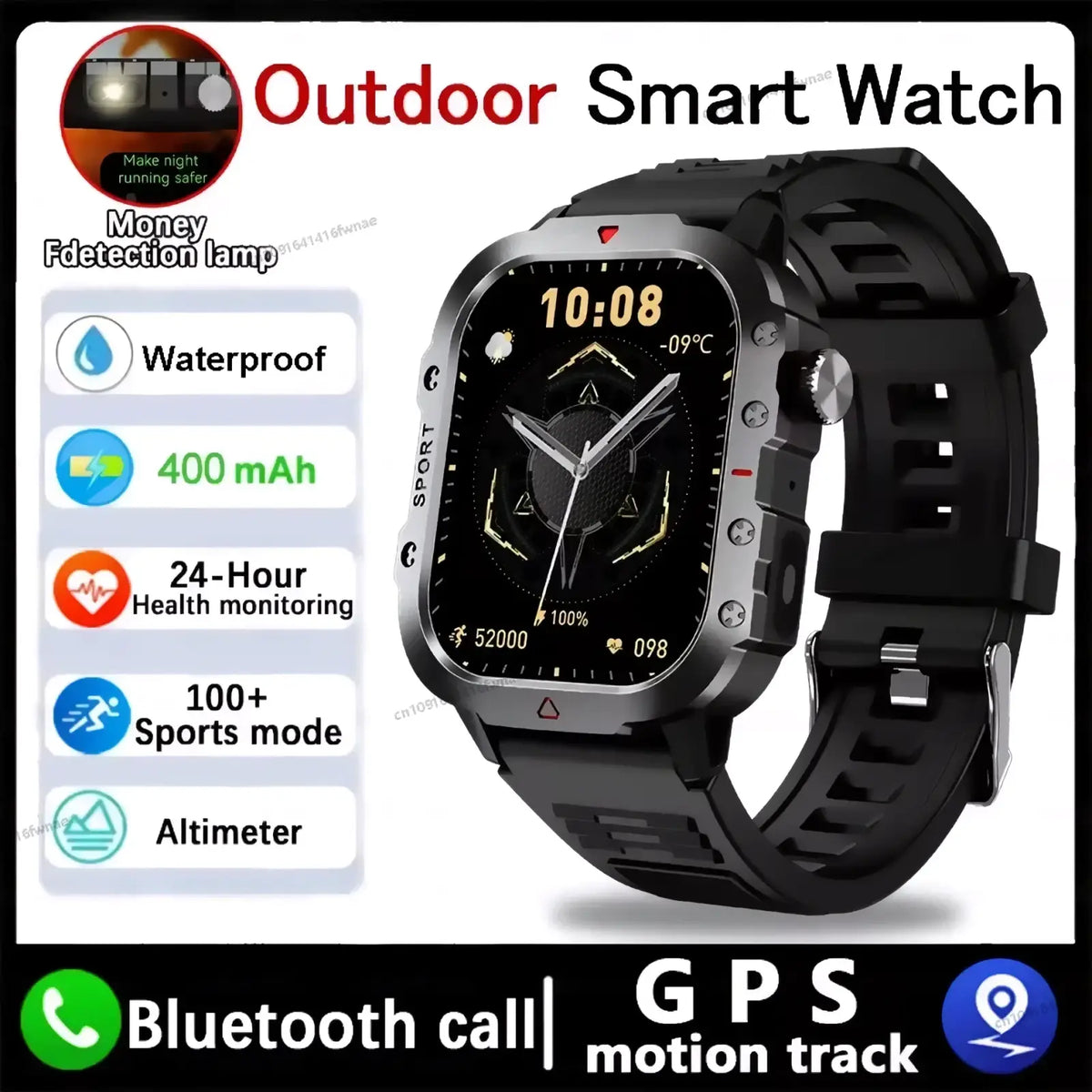 Black rugged gps smartwatch with metallic case and rubber strap designed for men and women outdoor fitness tracking