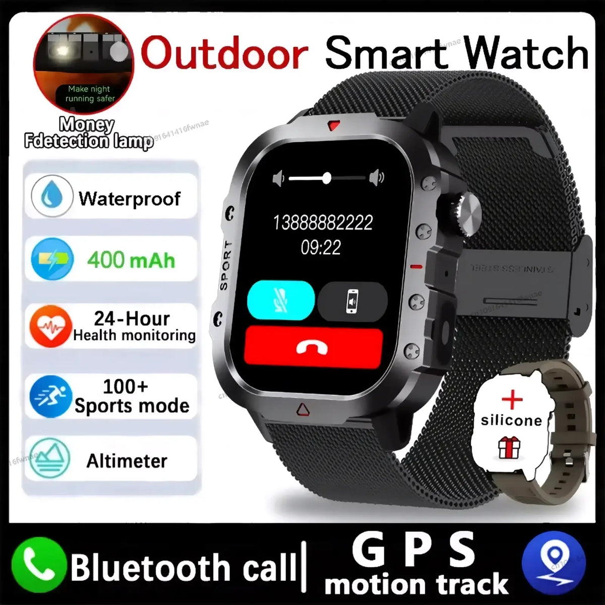 Rugged GPS smartwatch for men and women with black mesh strap and digital display showing time and contact info