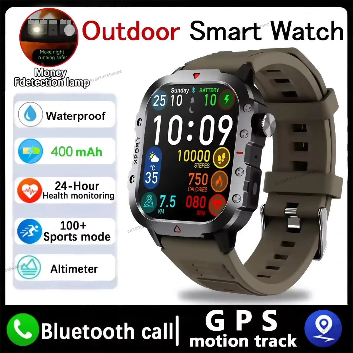 Rugged GPS smartwatch with olive green silicone strap and digital fitness display for men and women outdoor tracking
