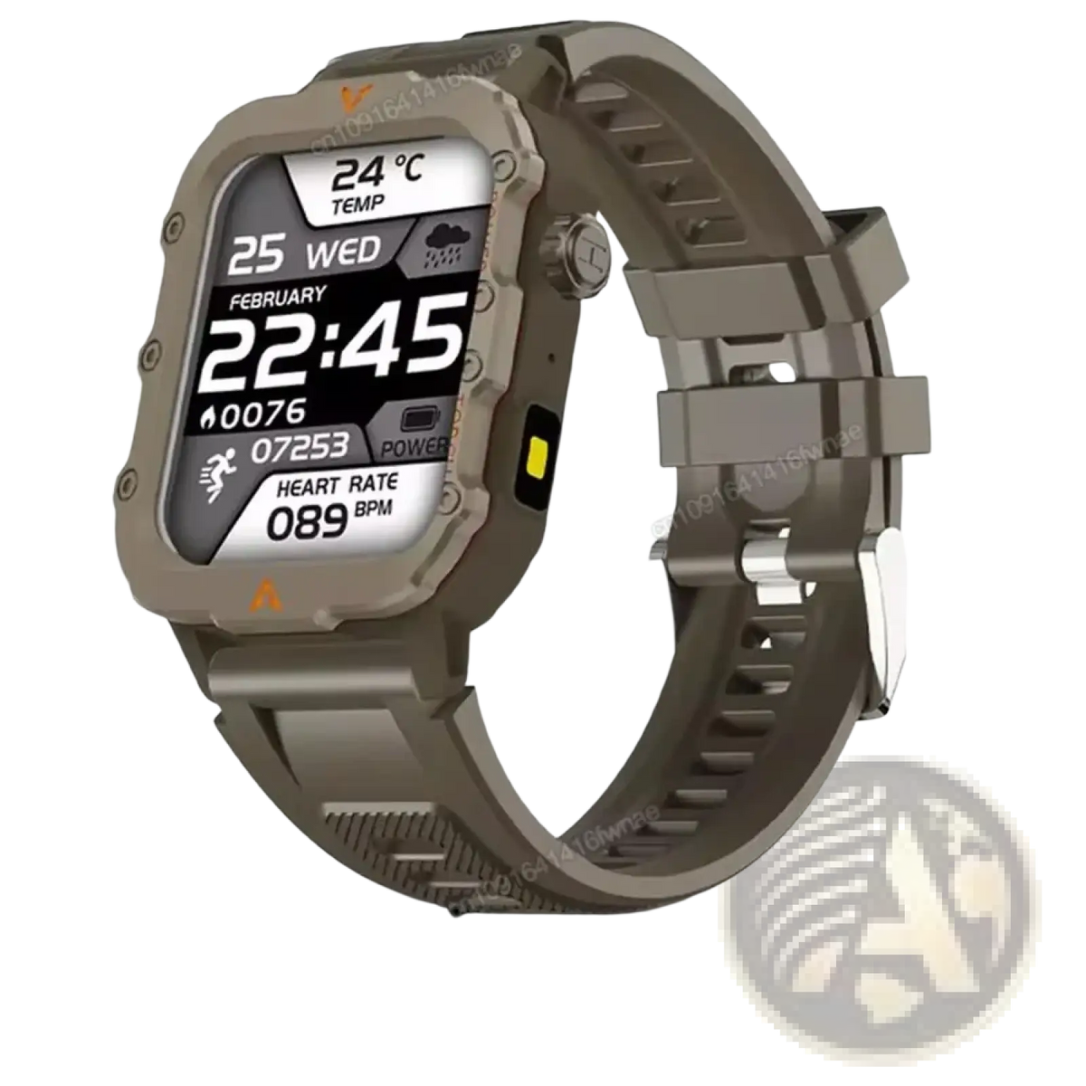 Rugged olive green gps smartwatch with rectangular screen and textured silicone strap for outdoor fitness tracking
