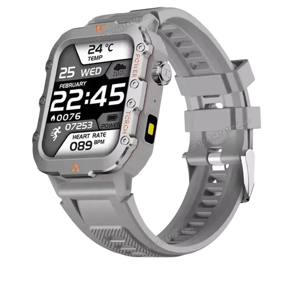Gray rugged gps smartwatch for men and women with rectangular screen showing time date and health metrics