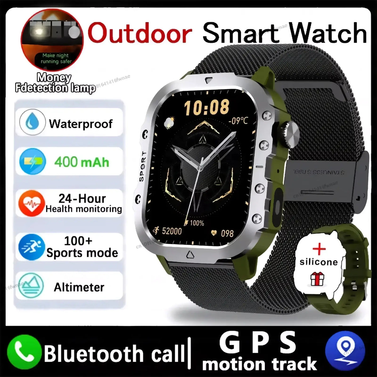 Rugged gps smartwatch with silver case olive green accents and black mesh band for men and women outdoor fitness tracking