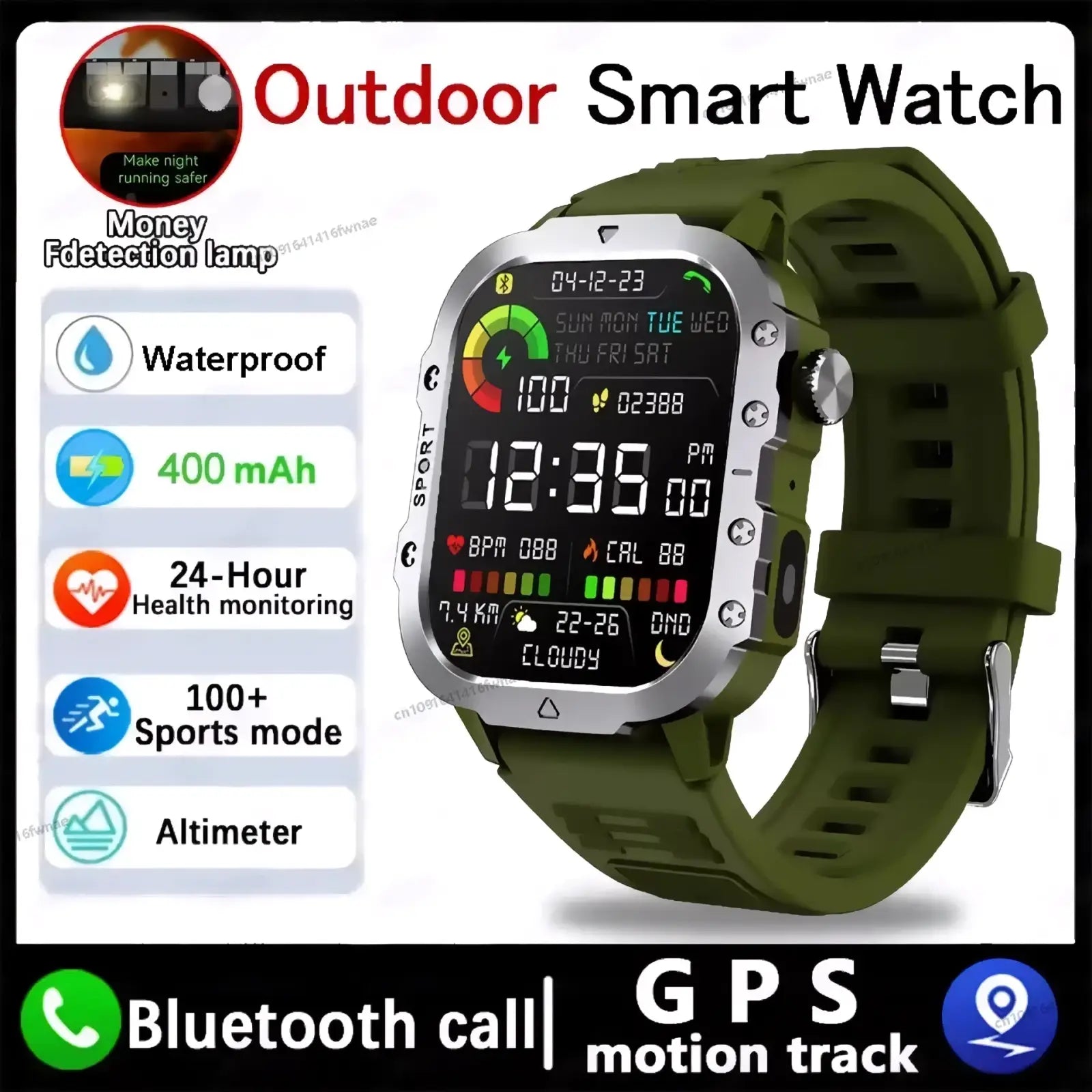 Rugged gps smartwatch for men and women in olive green with metallic case and silicone strap for outdoor fitness tracking