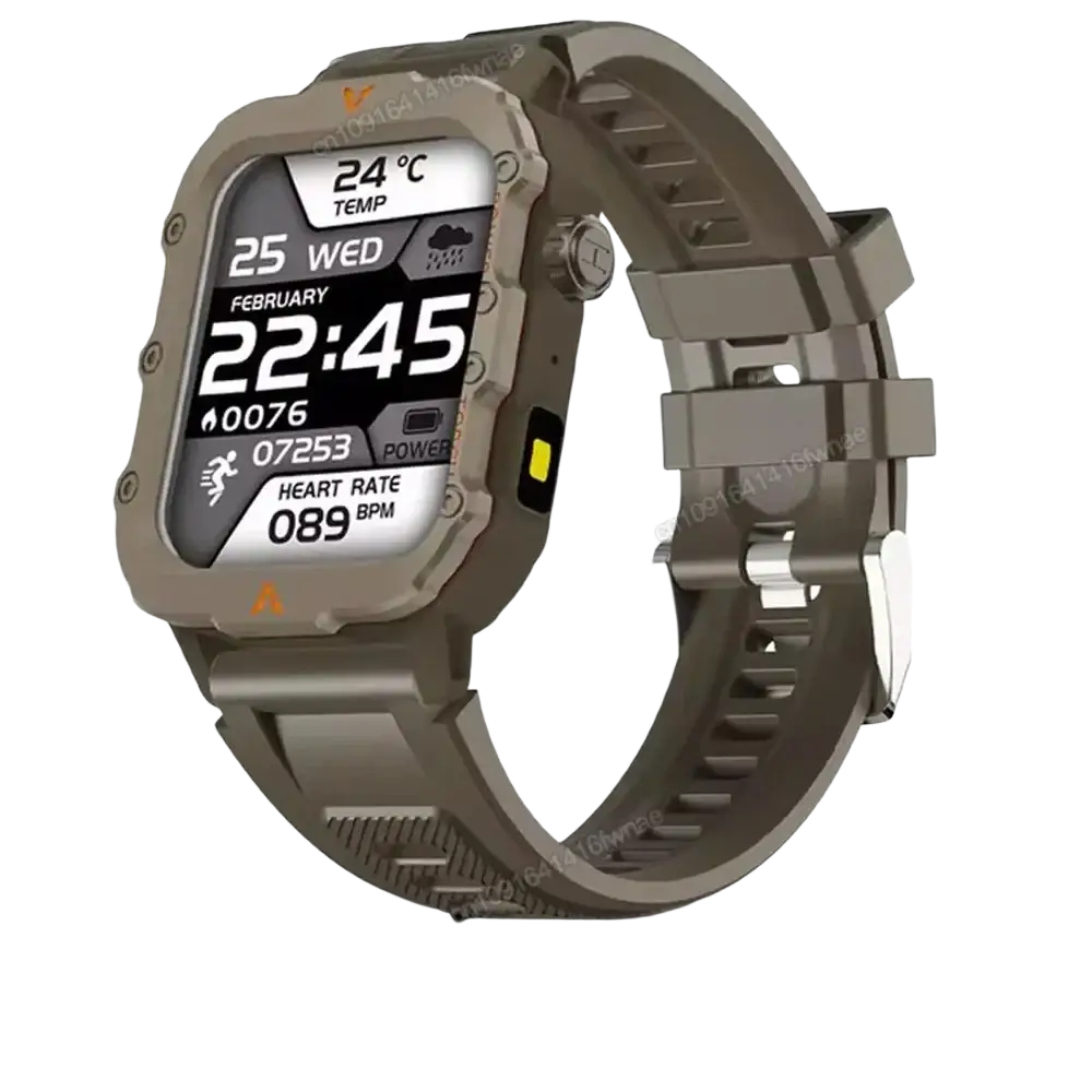 Rugged olive green gps smartwatch with rectangular screen and textured silicone strap for outdoor fitness tracking