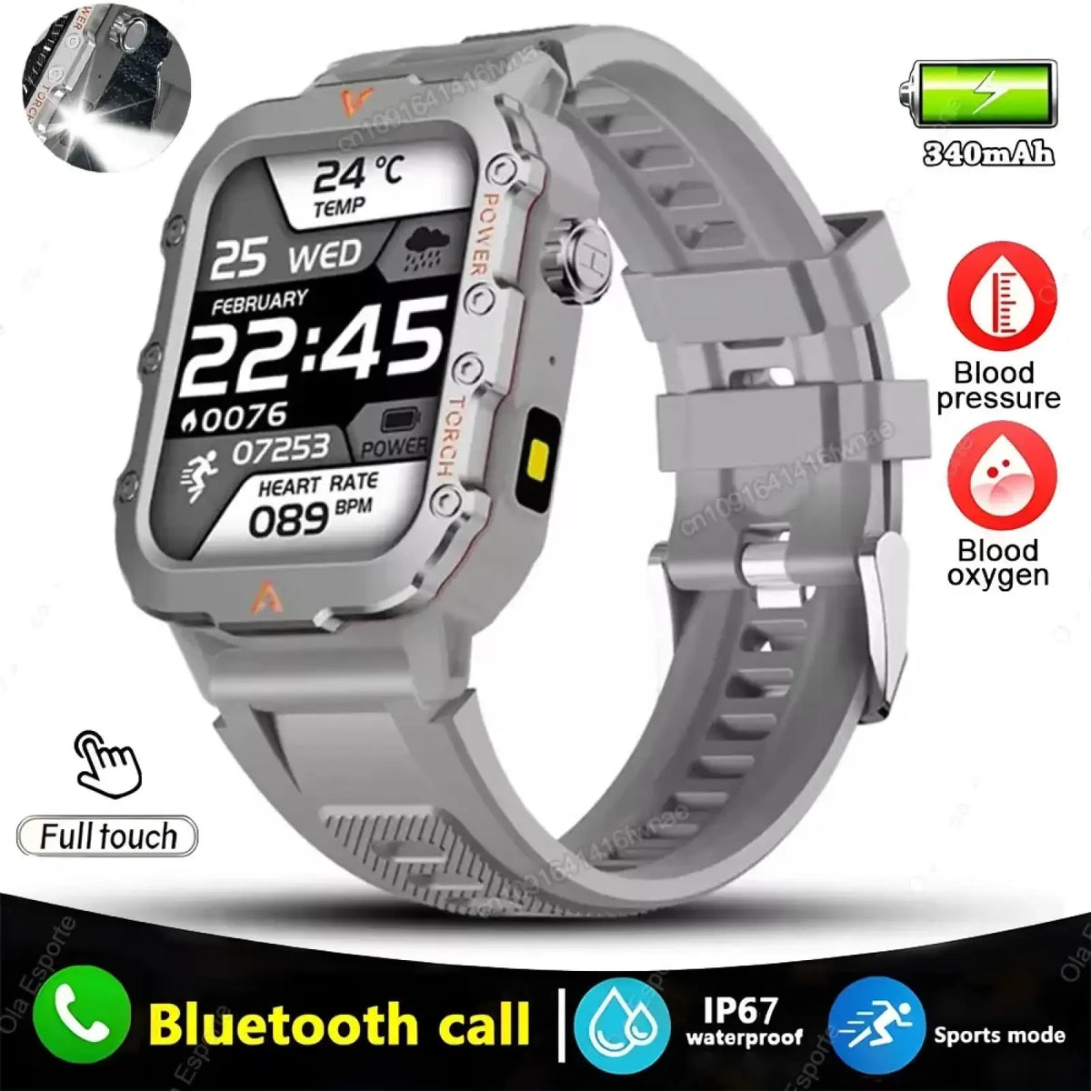 Gray rugged gps smartwatch for men and women with rectangular screen showing time date and health metrics