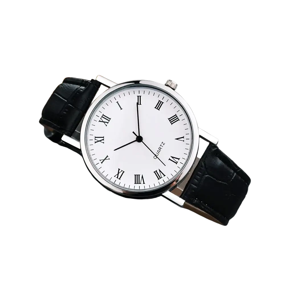 Silver-toned rugged GPS smartwatch for men and women with white dial, black roman numerals, and black leather strap