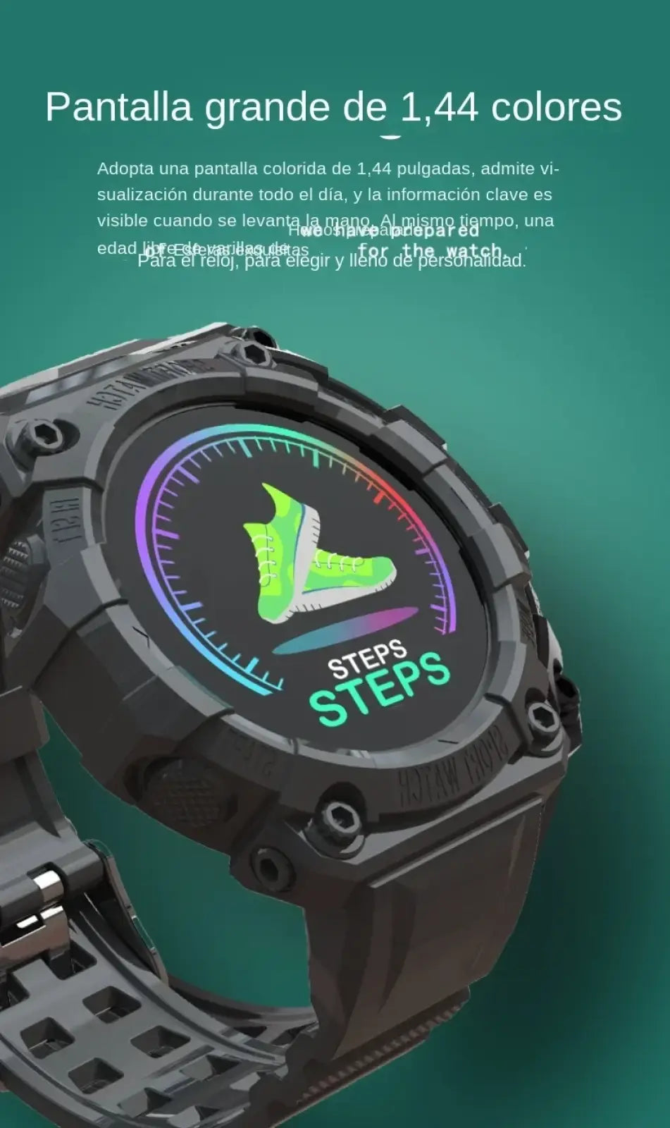 Black rugged tactical smartwatch fitness tracker with 1.44-inch colorful screen showing green sneaker icon and steps text