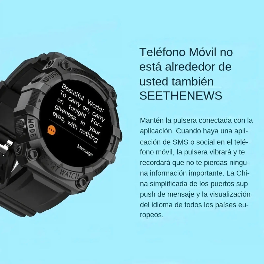 Black rugged tactical smartwatch fitness tracker with digital display showing notifications and interface elements