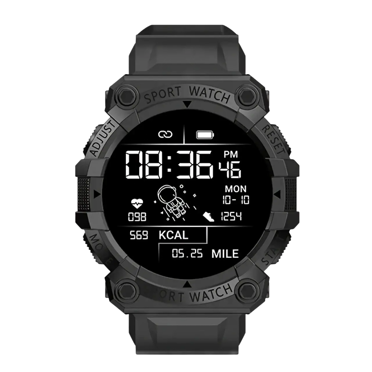 Black rugged tactical smartwatch fitness tracker with textured casing and durable strap for sports and outdoor use