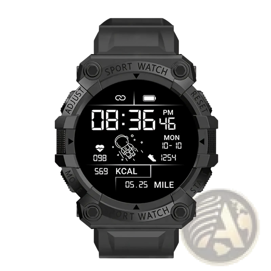 Black rugged tactical smartwatch fitness tracker with textured casing and durable strap for sports and outdoor use