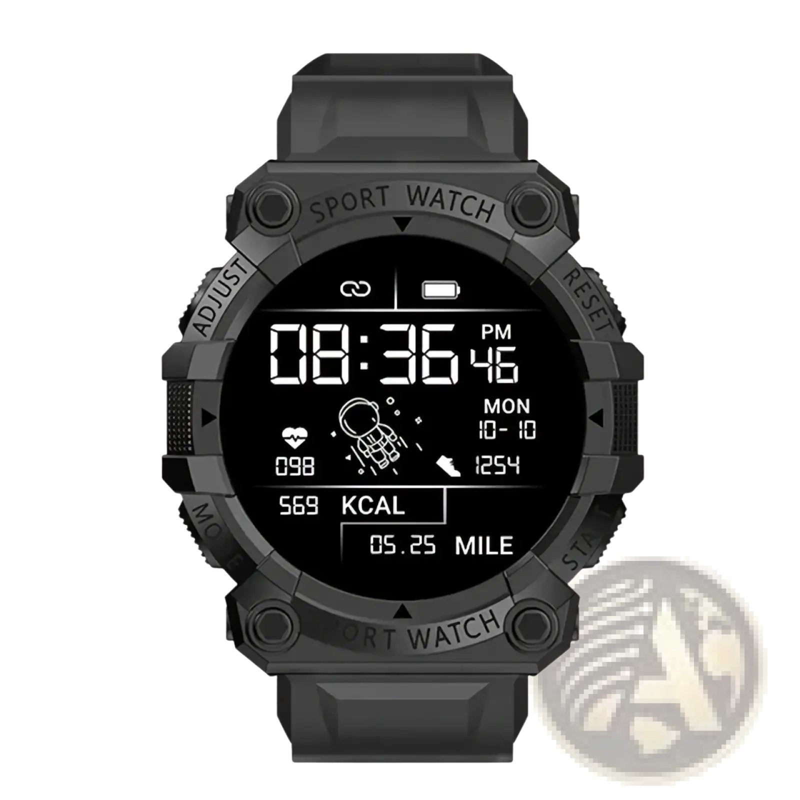 Black rugged tactical smartwatch fitness tracker with textured casing and durable strap for sports and outdoor use