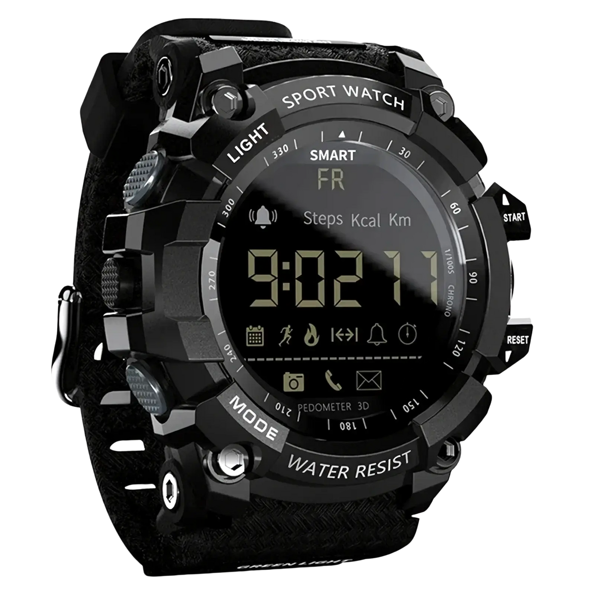 Black rugged tactical smartwatch with digital display and textured strap designed for fitness tracking and outdoor use