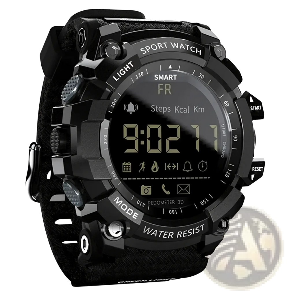 Black rugged tactical smartwatch with digital display and textured strap designed for fitness tracking and outdoor use