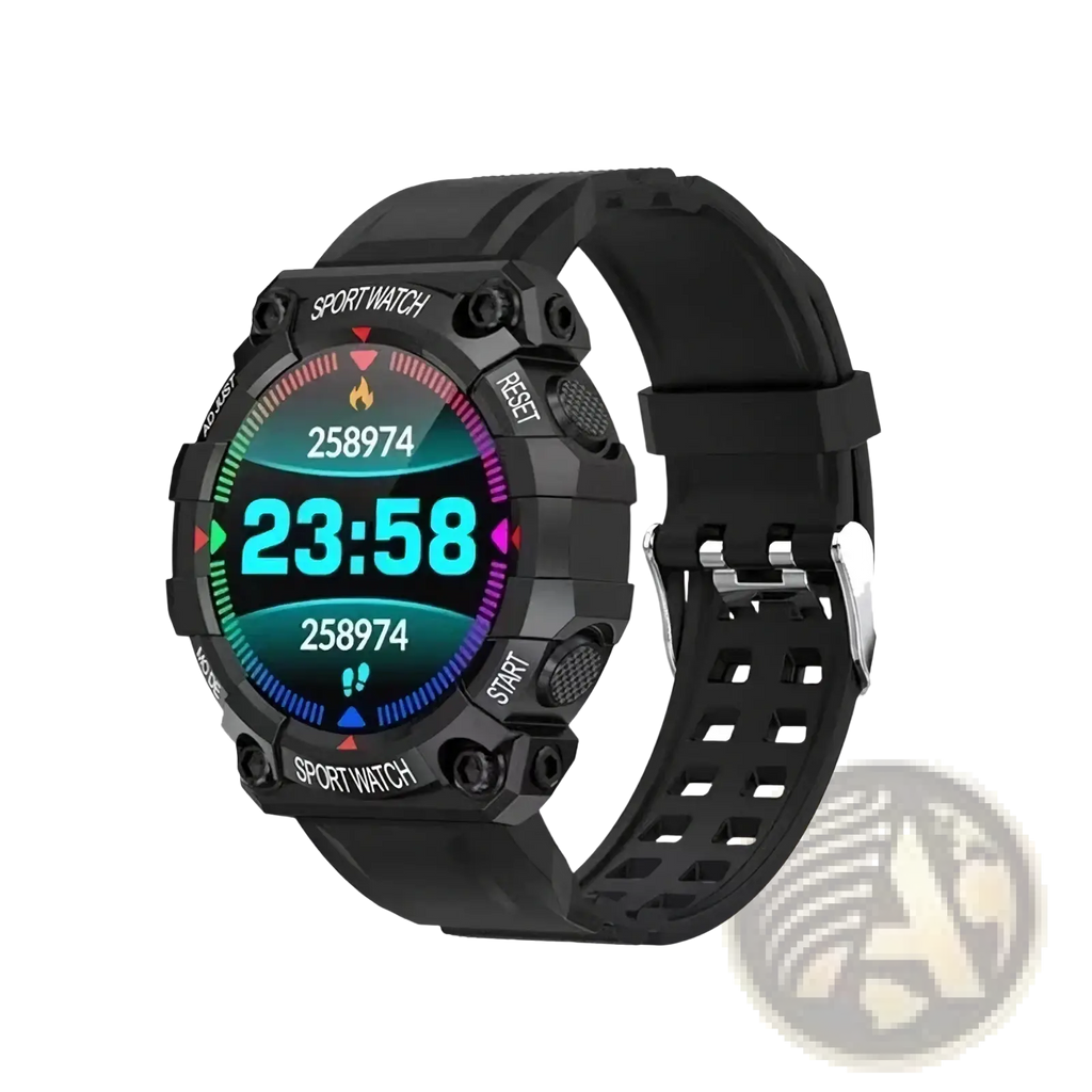 Black rugged tactical smartwatch fitness tracker with digital display, step count, multiple buttons, and perforated strap