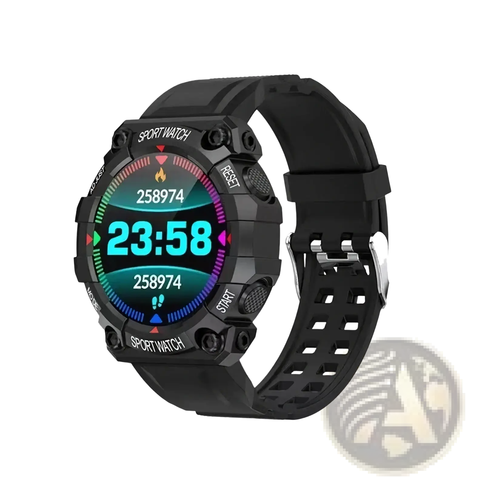 Black rugged tactical smartwatch fitness tracker with digital display, step count, multiple buttons, and perforated strap