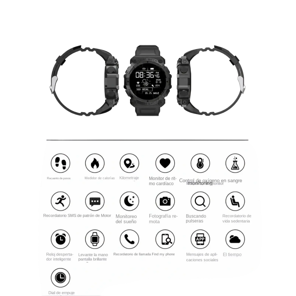 Black rugged tactical smartwatch with durable design and digital display showing fitness metrics and time