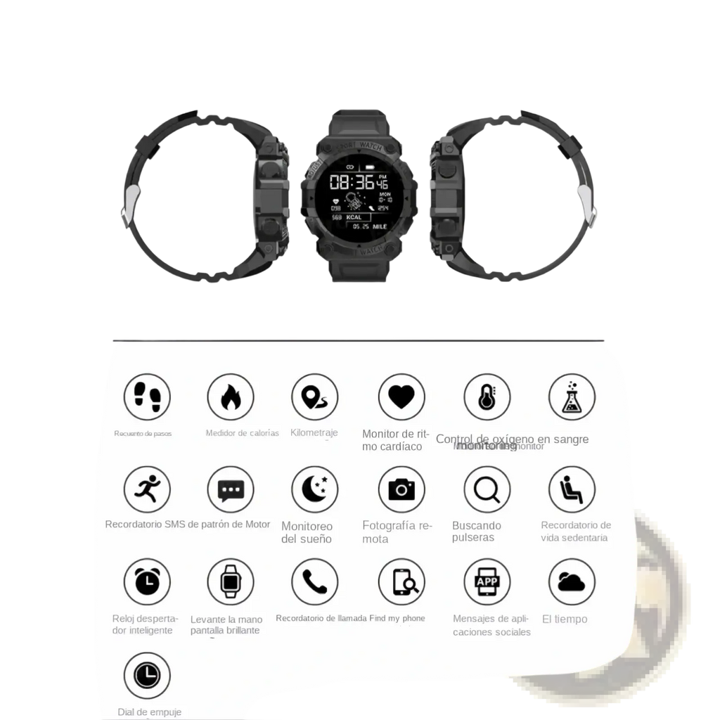 Black rugged tactical smartwatch with durable design and digital display showing fitness metrics and time