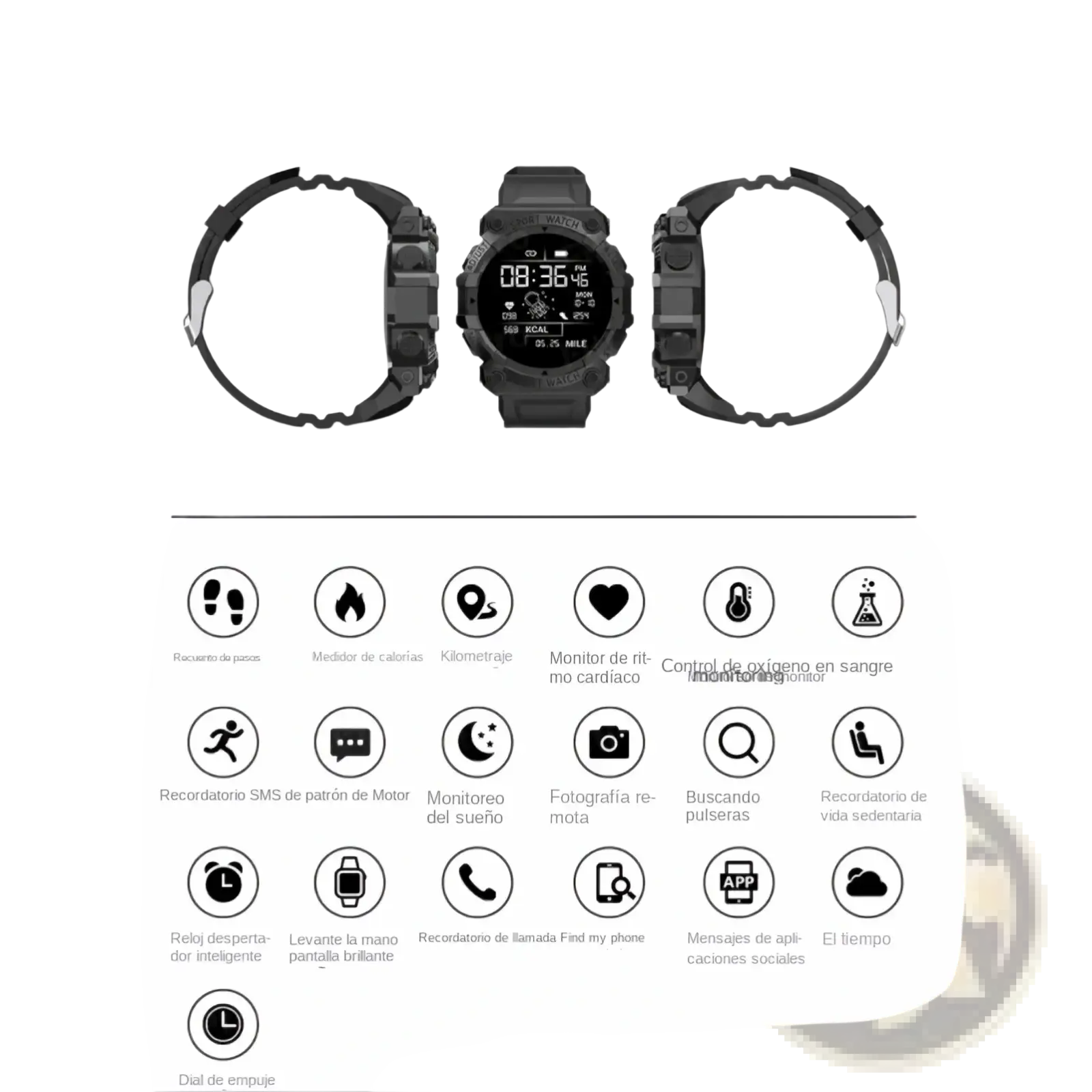Black rugged tactical smartwatch with durable design and digital display showing fitness metrics and time