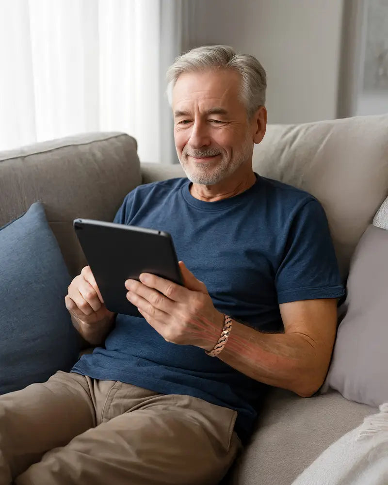 Black tablet held in hands displaying rugged copper magnetic twist therapy bracelet with durable metal design