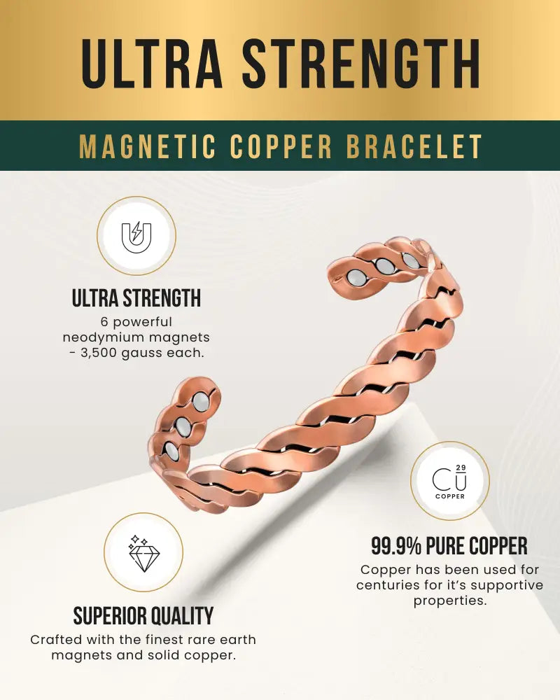 Rugged copper magnetic twist therapy bracelet in rose gold with twisted design and six embedded neodymium magnets