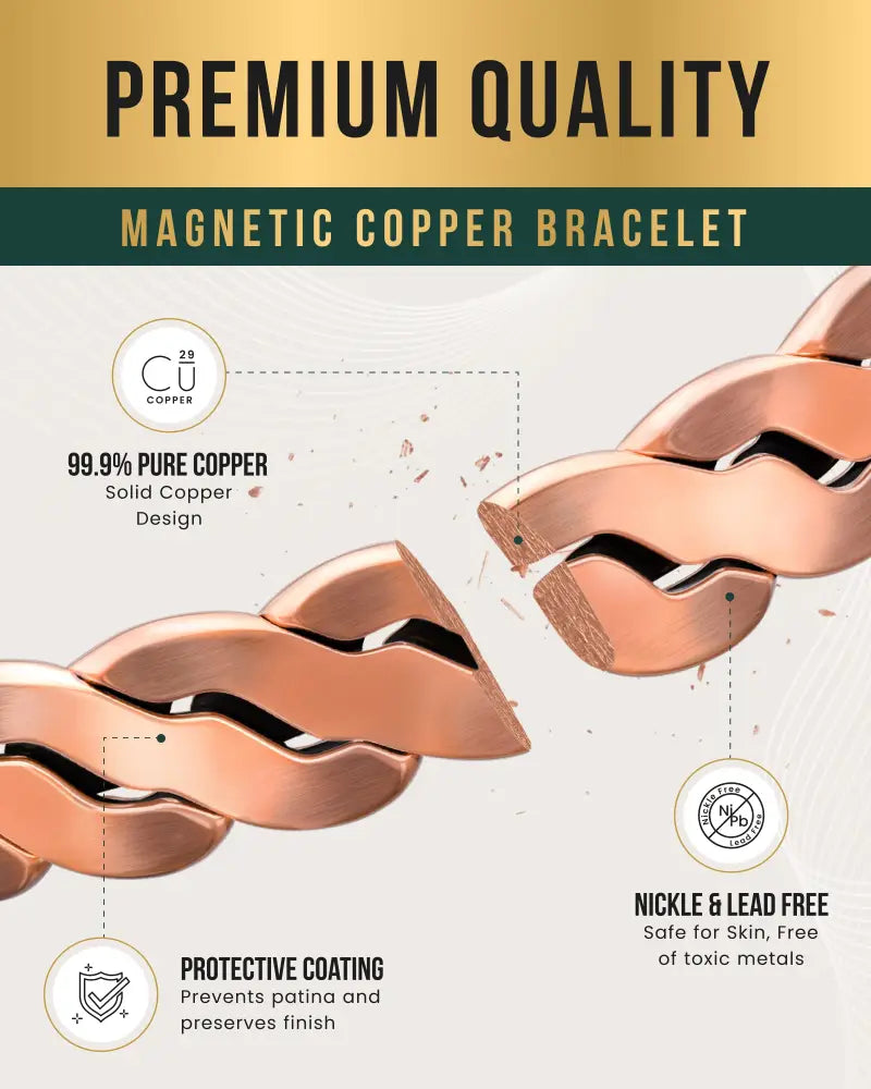 A rugged copper magnetic twist therapy bracelet with braided design rose gold finish and 99.9% pure copper material