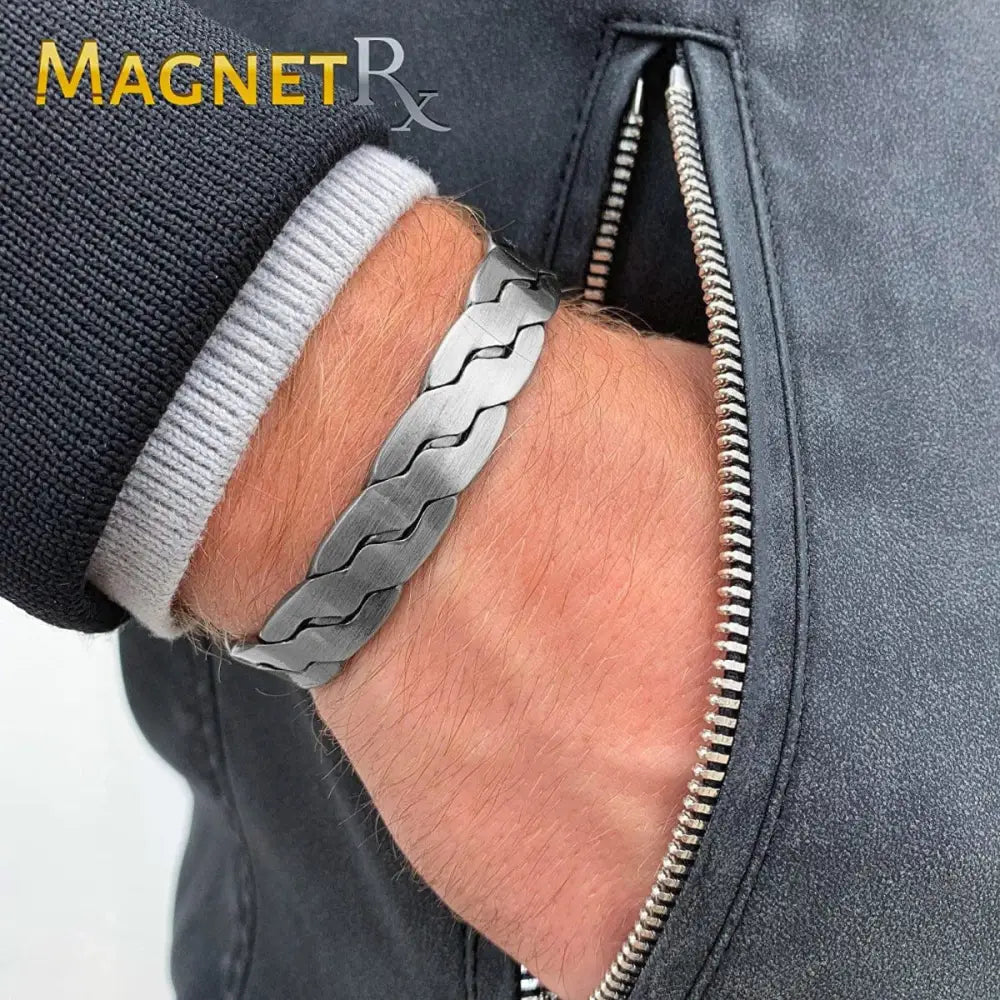 Silver-toned rugged braided copper magnetic therapy bracelet with sleek interlocking chain design