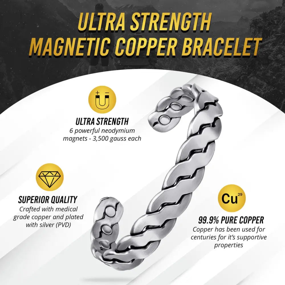 Rugged silver braided copper magnetic therapy bracelet with silver plating and six neodymium magnets
