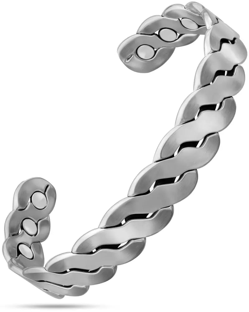 Rugged silver braided copper magnetic therapy bracelet featuring a silver-toned interlocking chain cuff design