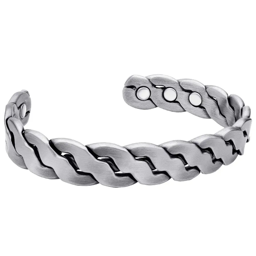 Rugged silver braided copper magnetic therapy bracelet with a silver-toned braided chain and three embedded white magnets