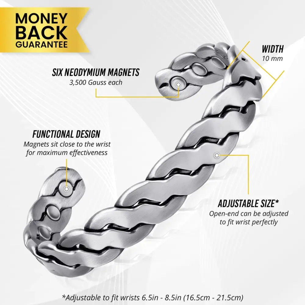 Silver-toned rugged silver braided copper magnetic therapy bracelet with twisted chain design and six neodymium magnets