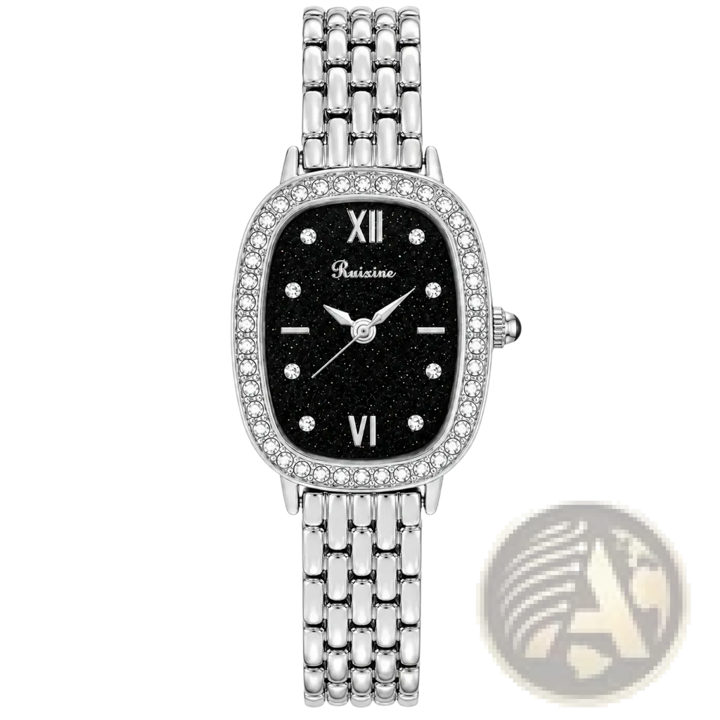 Ruixine silver crystal mesh women watch with silver tone, black glitter dial, roman numerals, diamond bezel, and link bracelet