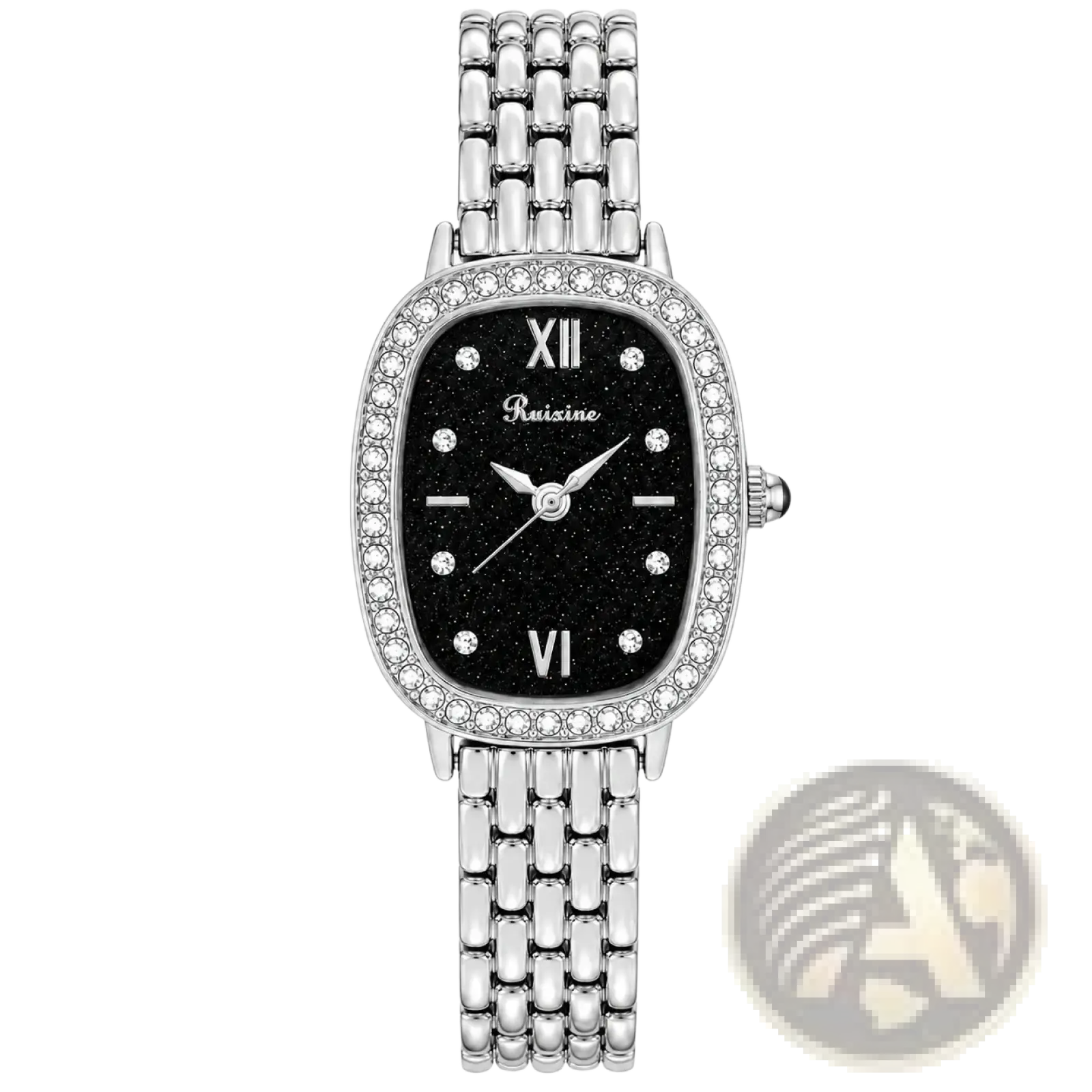 Ruixine silver crystal mesh women watch with silver tone, black glitter dial, roman numerals, diamond bezel, and link bracelet