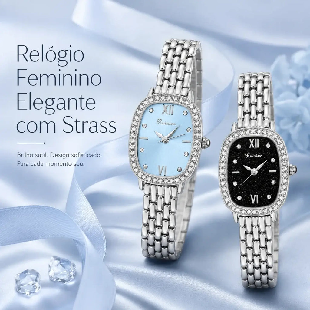Ruixine silver crystal mesh women watch with elegant silver tone, diamond-studded bezel, roman numerals, blue and black faces