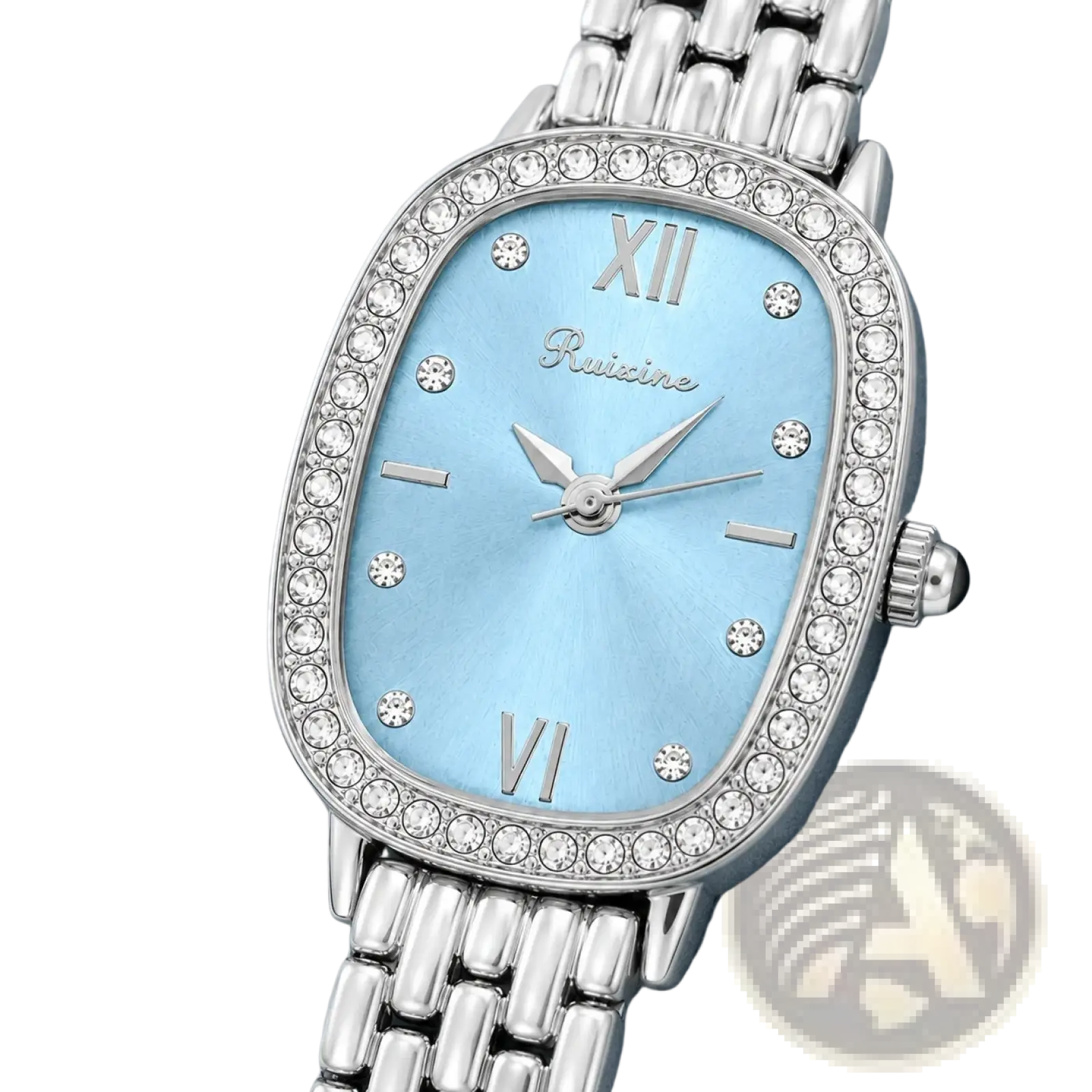 Ruixine silver crystal mesh women watch with light blue dial roman numerals and diamond bezel accents