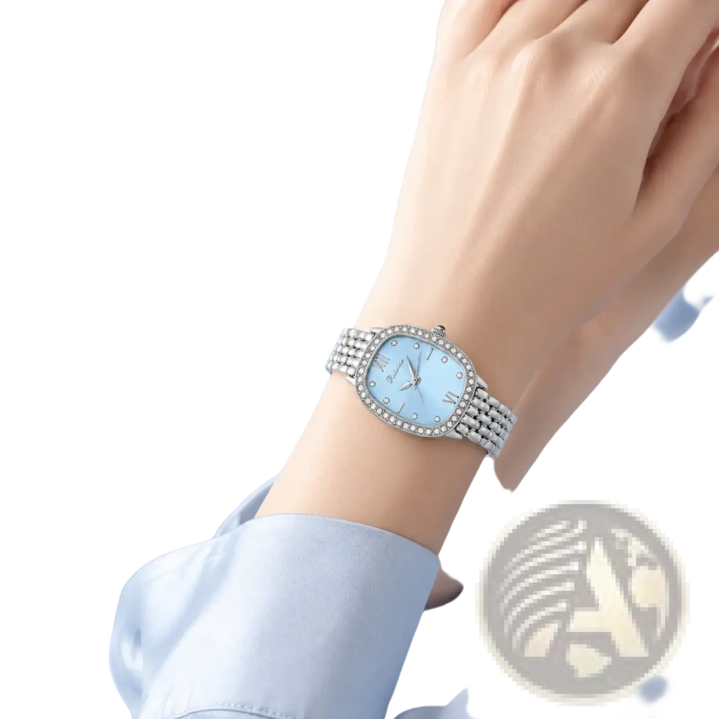 Ruixine silver crystal mesh women watch with silver tone, light blue dial, diamond bezel, and roman numerals