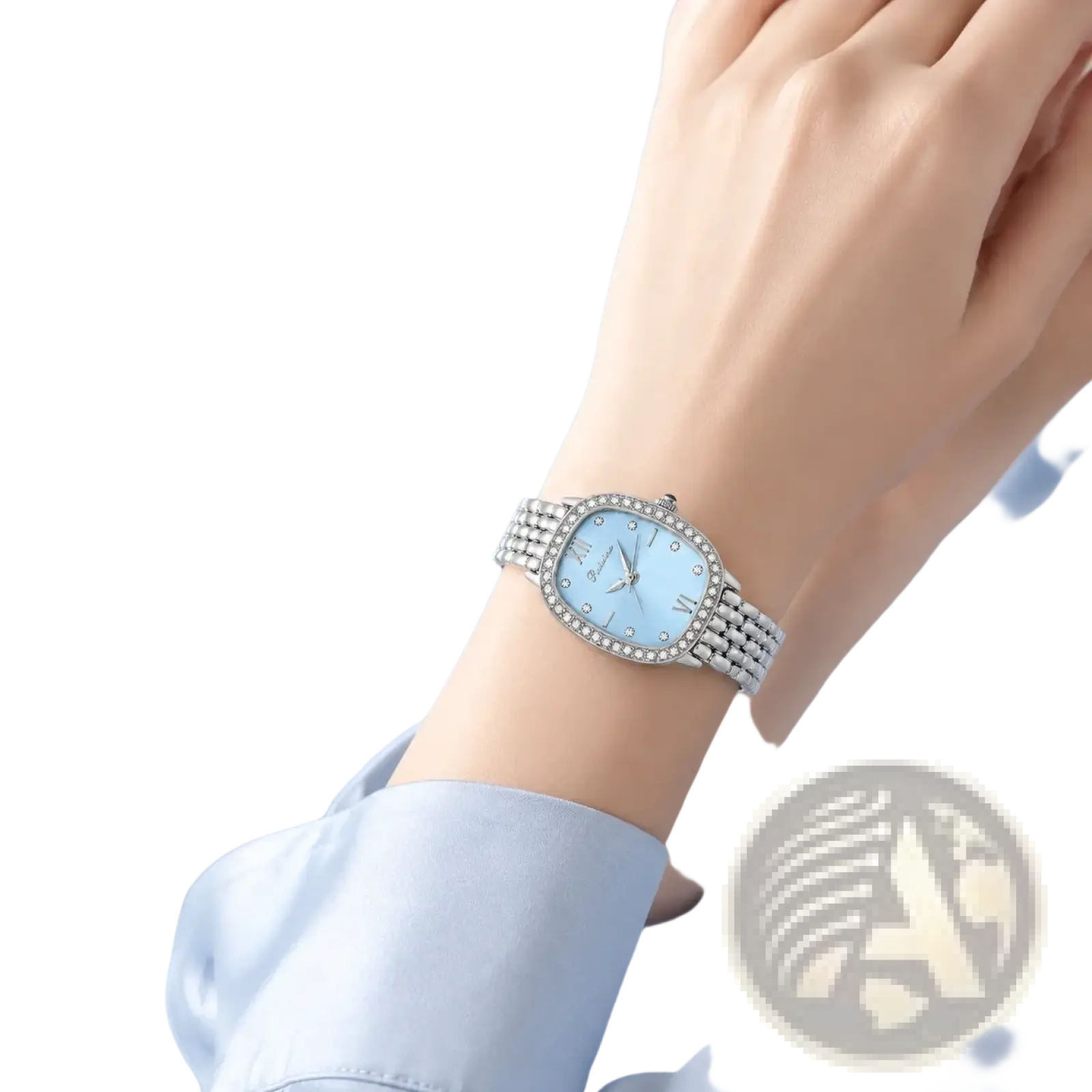 Ruixine silver crystal mesh women watch with silver tone, light blue dial, diamond bezel, and roman numerals