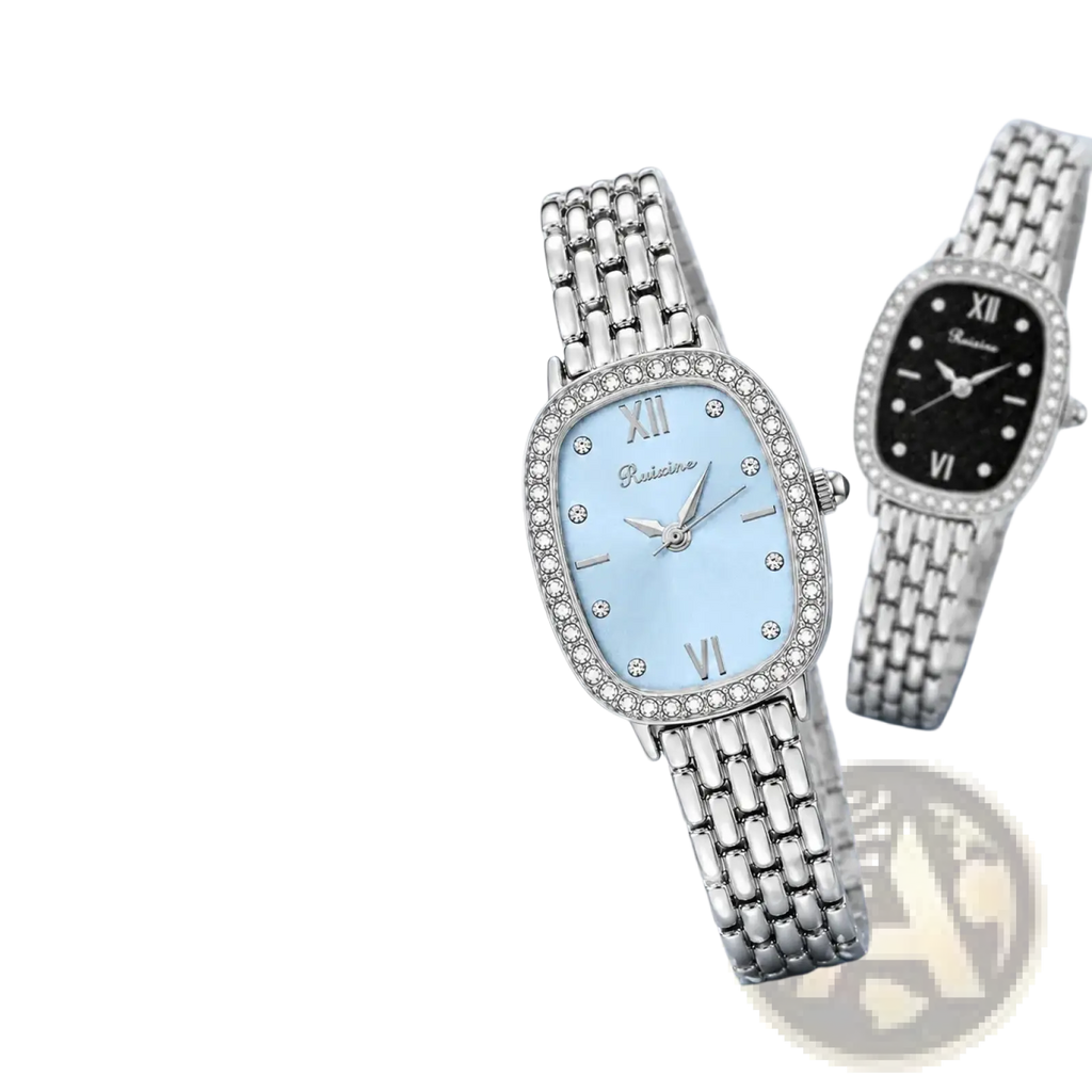 Ruixine silver crystal mesh women watch with silver tone, light blue dial, crystals, roman numerals, and mesh bracelet